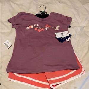New with tag Girls Champion Mauve Tee and Coral Shorts Set Athletic Gear size S